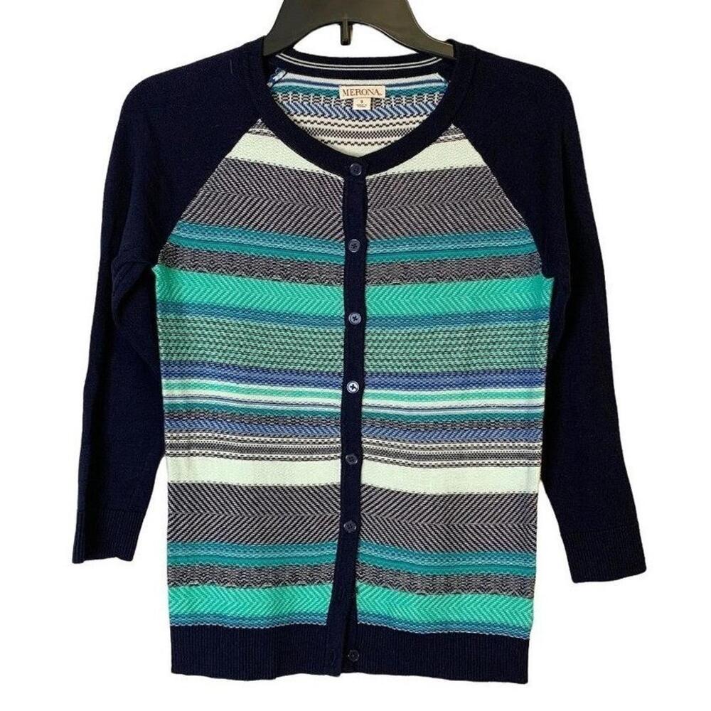 Merona Cardigan Sweater Navy Blue Green Stripe Knit Long Sleeve Button Down Sz S